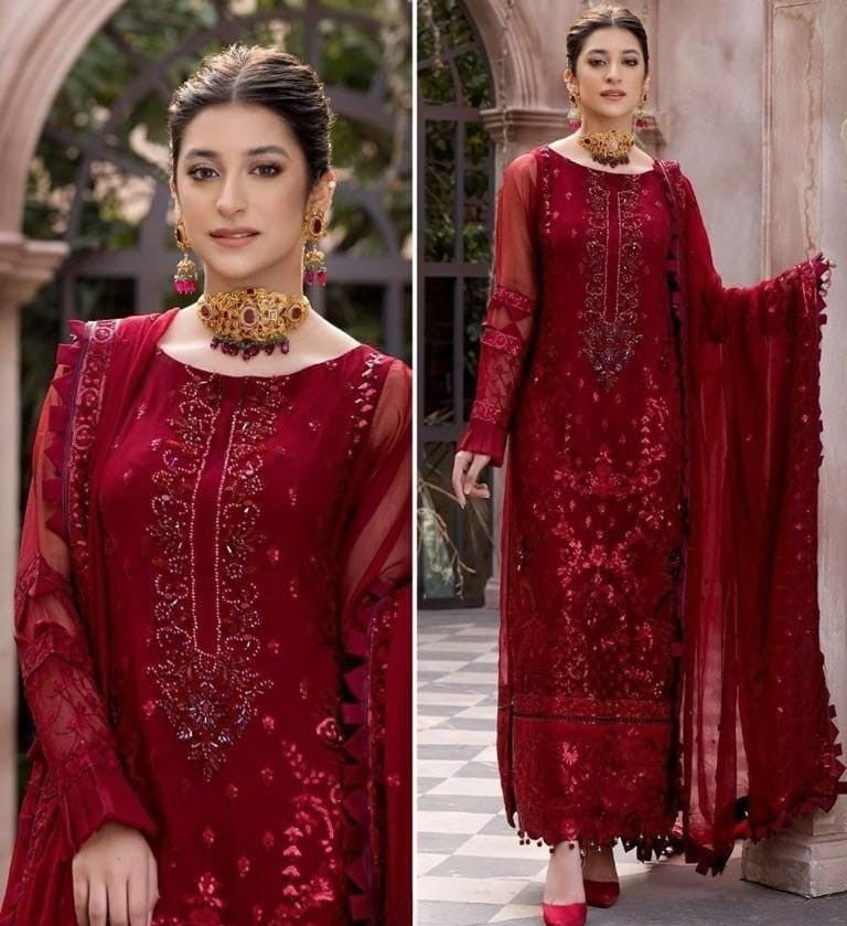 Beautiful Red Paktistani Style Party Wear Unstitched Georgette Suit