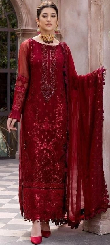 Beautiful Red Paktistani Style Party Wear Unstitched Georgette Suit