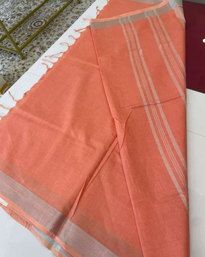 Peach Pure Plain Linen Saree