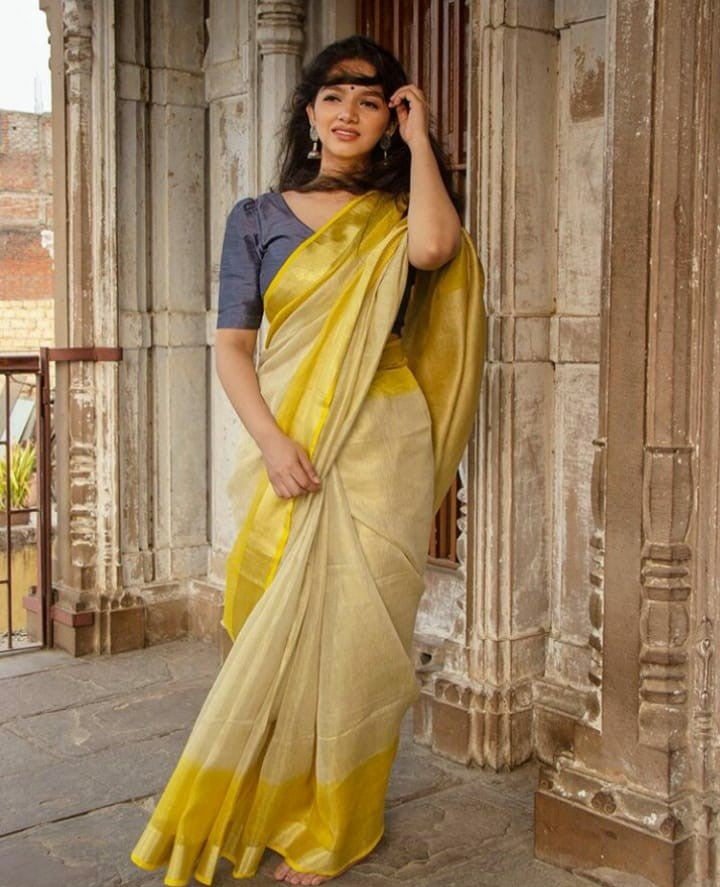 Half White With Golden Yellow Linen Saree