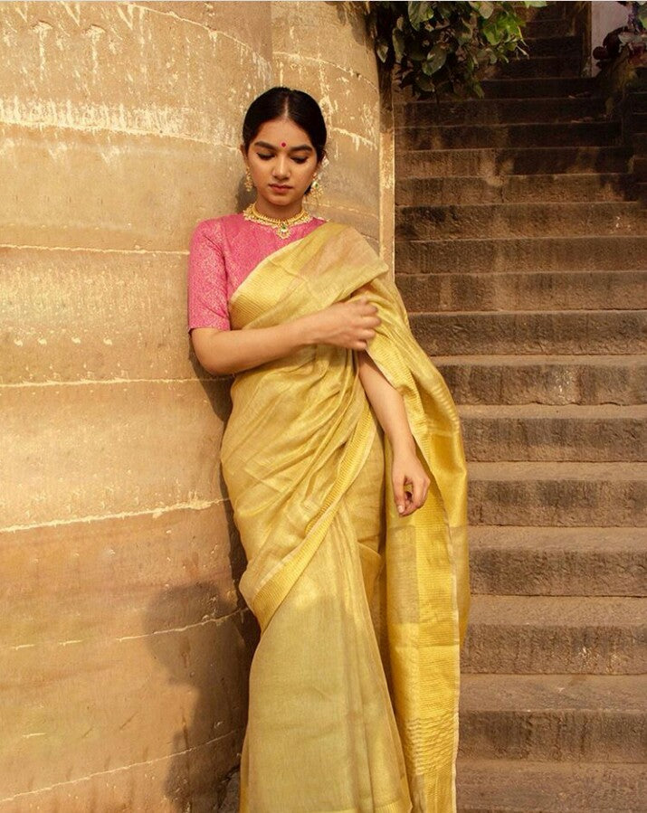 Golden Zari Tissue Linen Sari | Linen World