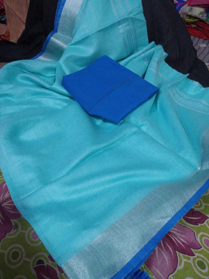 Tissue Linen Saree With Silver Zari Border