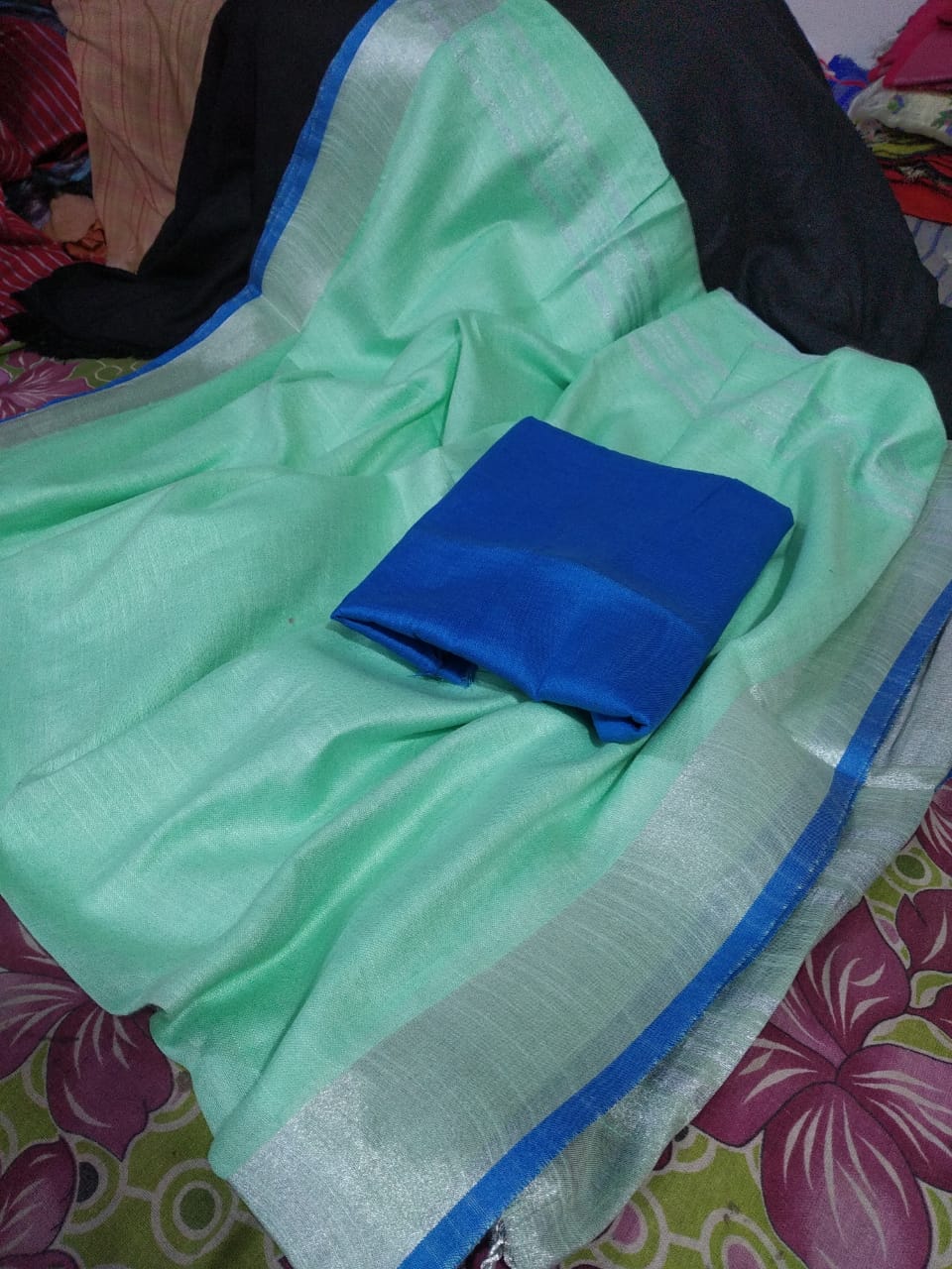 Tissue Linen Saree With Silver Zari Border