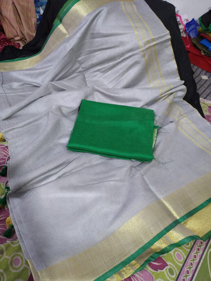 Tissue Linen Saree With Silver Zari Border