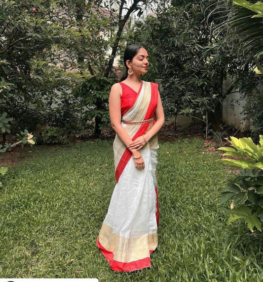 White Linen Saree With Gold and Red Border