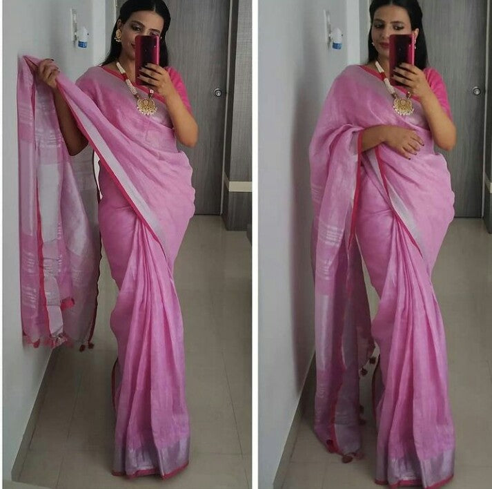 Buy online Pure Soft Linen Saree With Zari Woven border and Rich Pallu  -Pink-AF1507