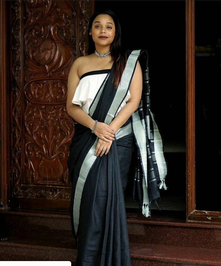 Handcrafted Blackish Silver Tissue Linen saree with Silver zari border -  Kihums handloom - 3339690