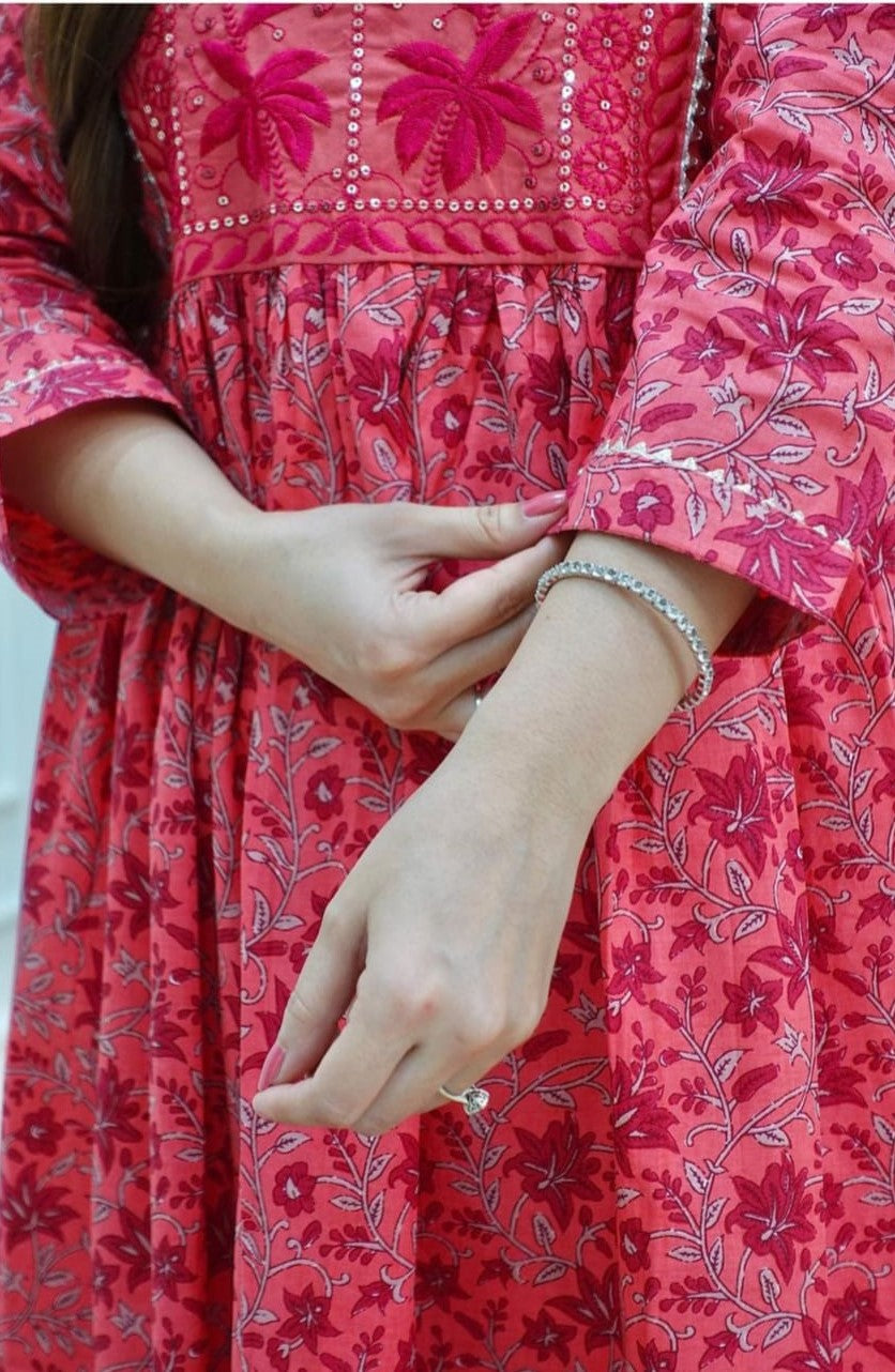 Red and White Cotton Printed Anarkali Kurti and Pant