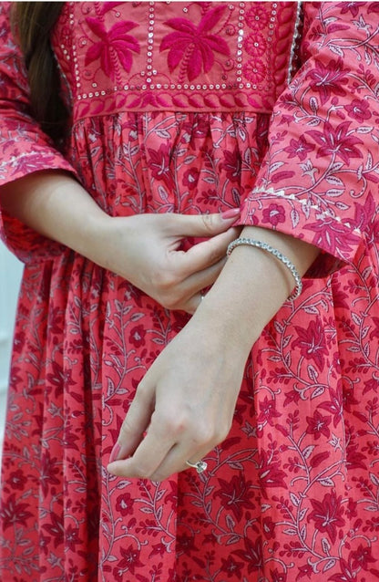 Red and White Cotton Printed Anarkali Kurti and Pant