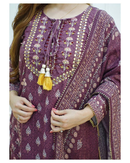 Wine Muslin Silk Kurti Set With Mirror Work