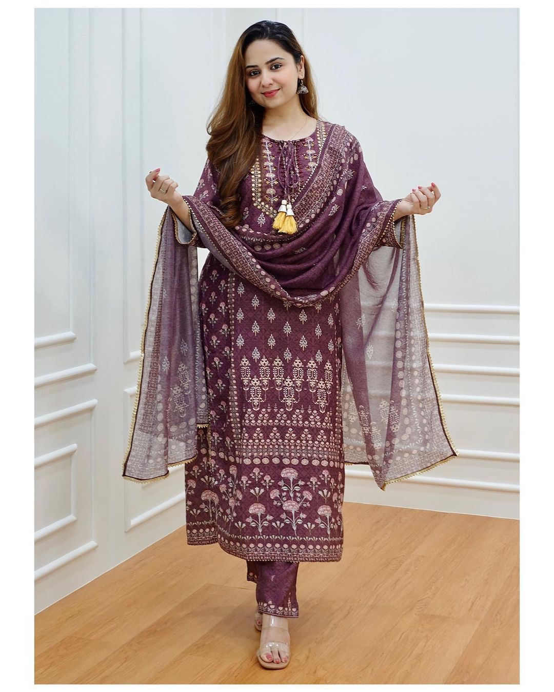 Wine Muslin Silk Kurti Set With Mirror Work