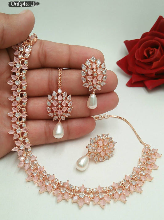 CZ Fancy Necklace Set With Earrings and Mangtika