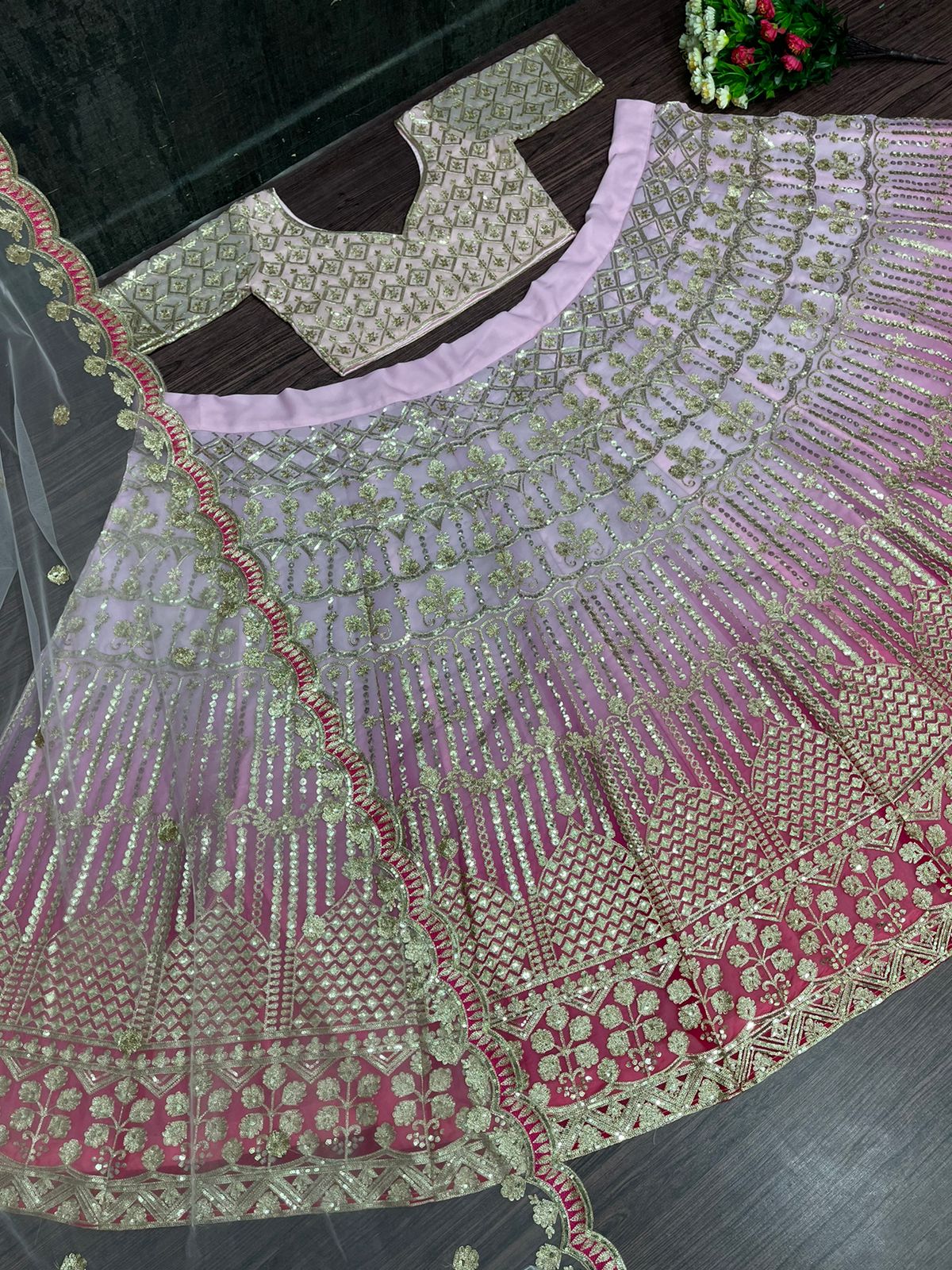 Pink Net Silk Chain Stitch Zari Work Lehenga Choli Indian Lengha Chuni  Designer | eBay