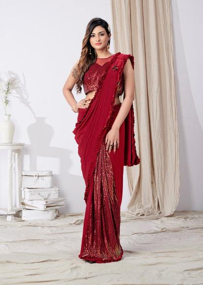 Imported Fabric Ready To Wear Saree Along With Broch and Sequence work