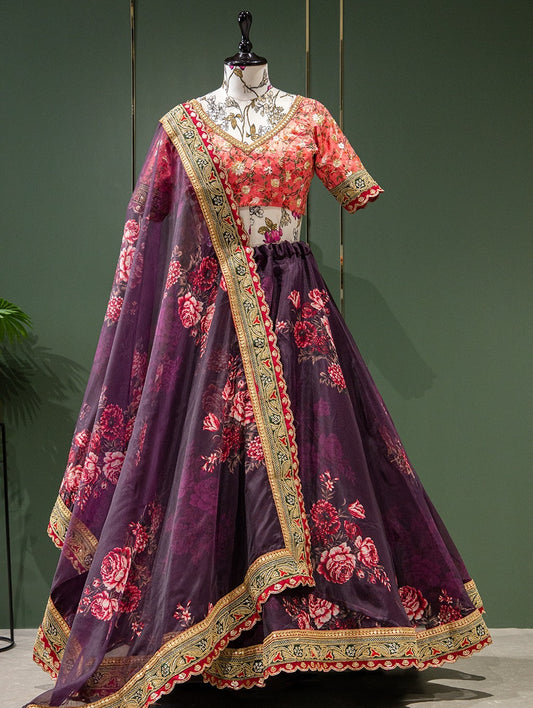 Organza Printed and Sequins Embroidery Lace Border Lehenga