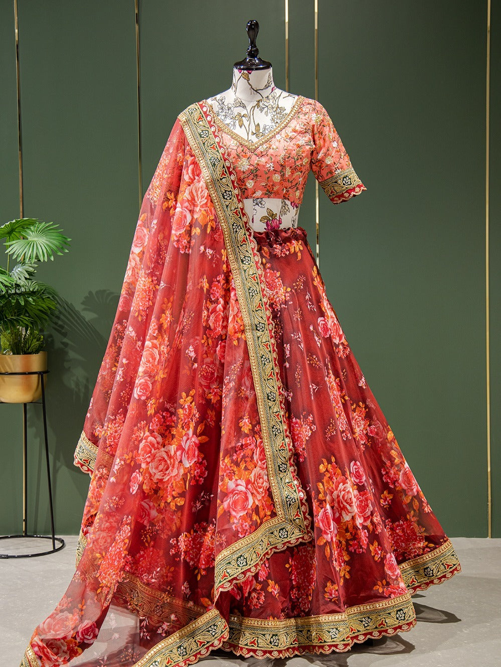 Organza Printed and Sequins Embroidery Lace Border Lehenga