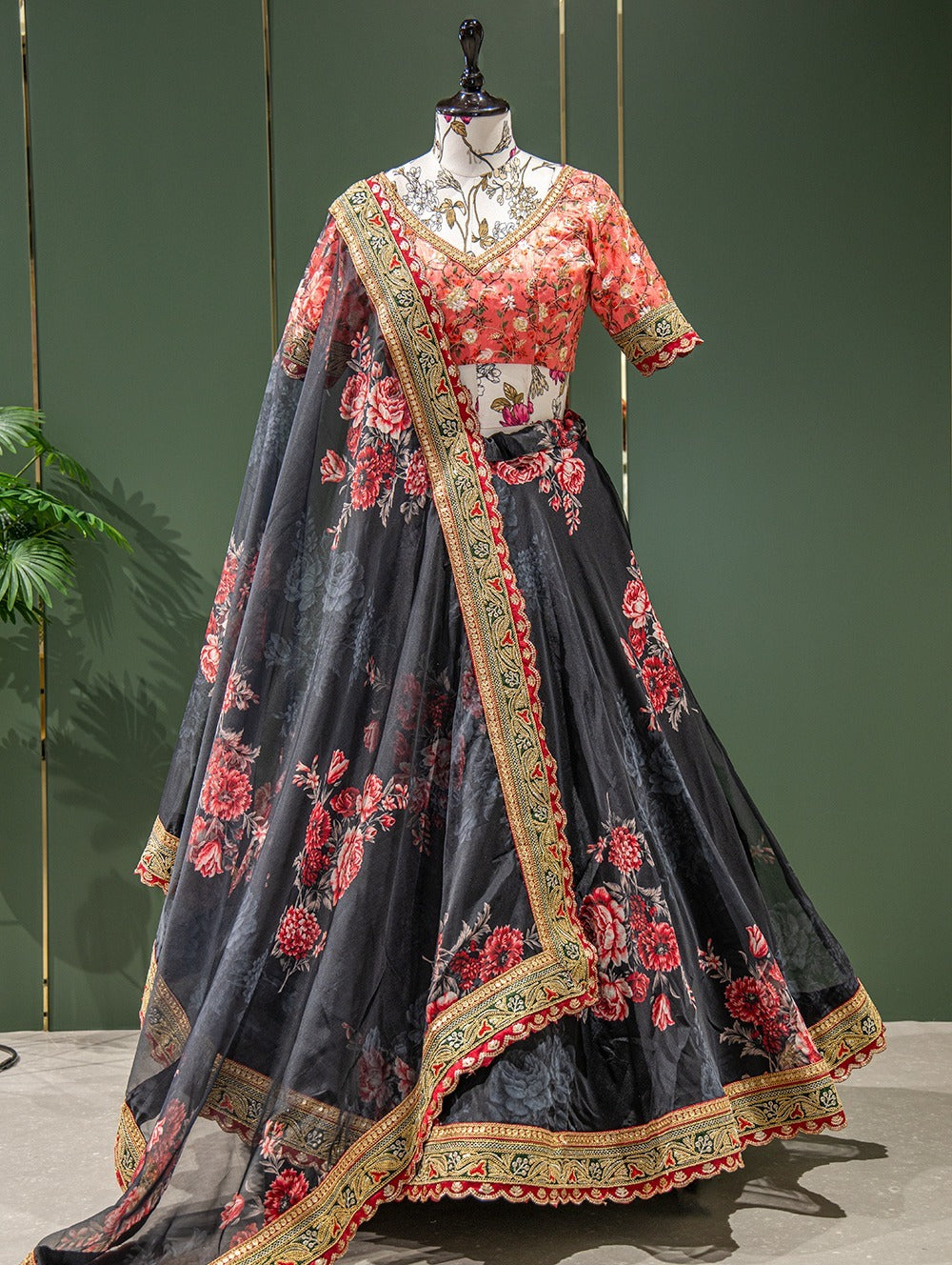 Organza Printed and Sequins Embroidery Lace Border Lehenga