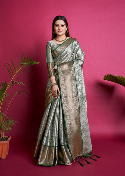 Banarasi Tissue Silk Saree With Nice Gold Zari Embosse And Rich Tissue Weaving Palllu