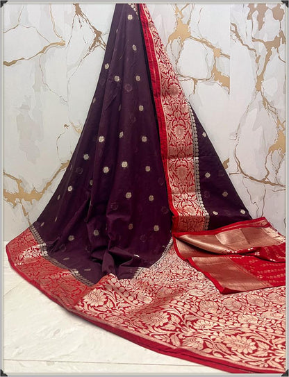 Soft Georgette Silk Saree With Silver Zari Butta and Border