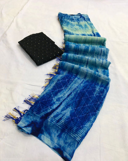 Georgette Saree With Allover Crochet And Fur Work And Shibori Print