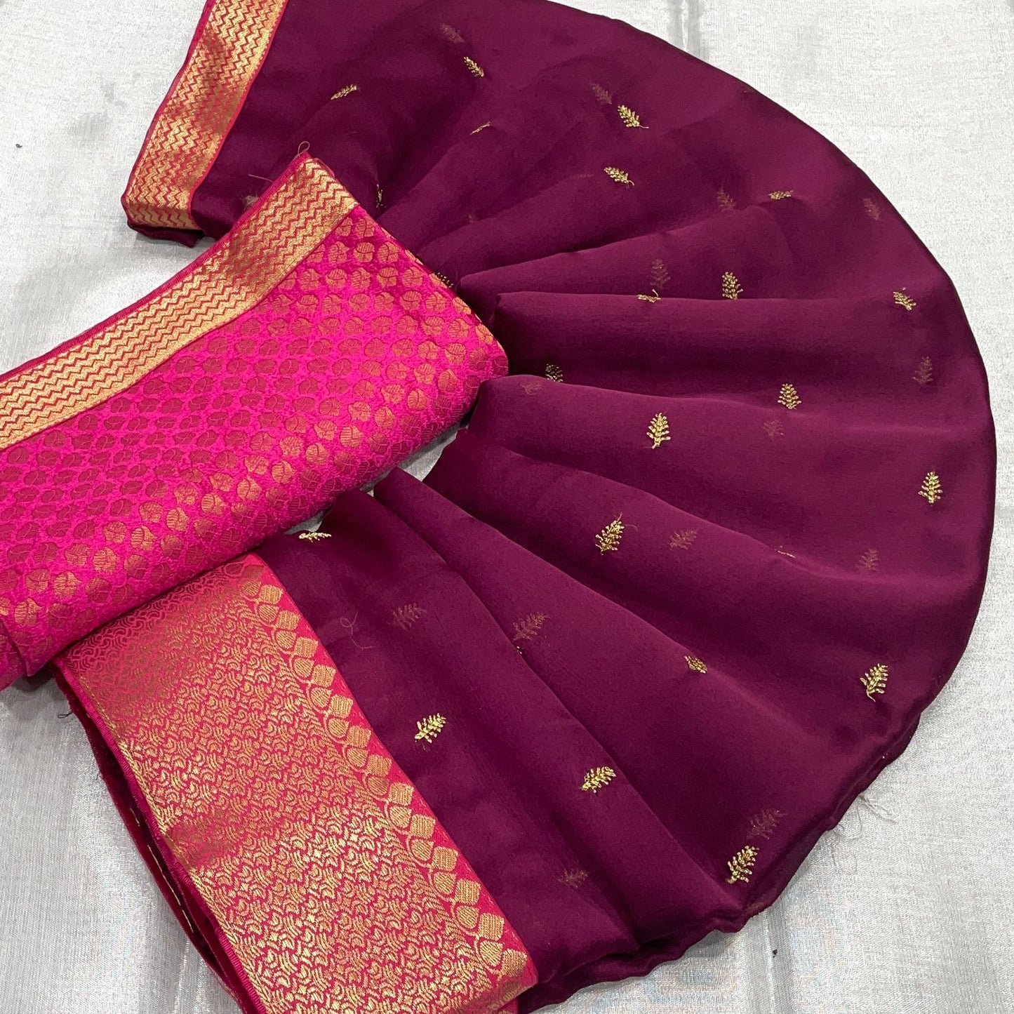 Chiffon Saree With Small Butta and Contrast Silk Blouse