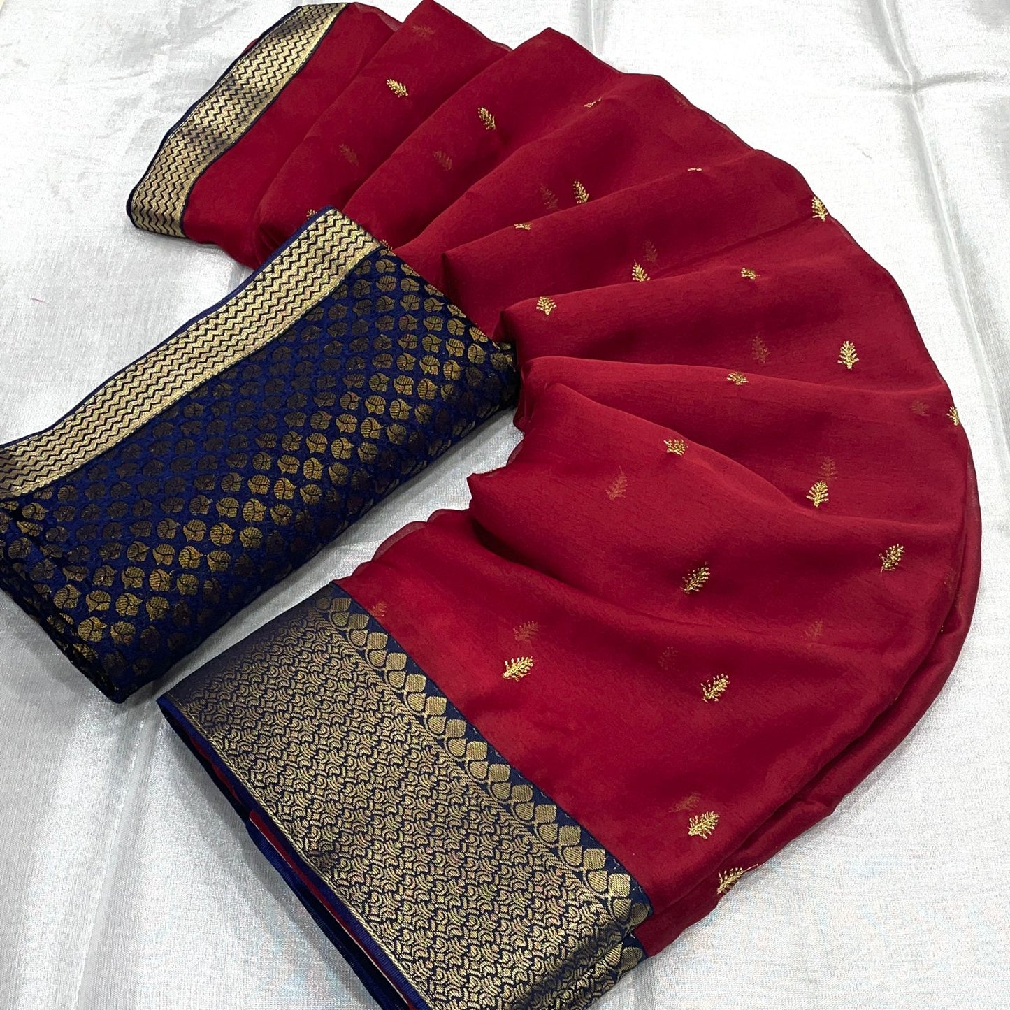 Chiffon Saree With Small Butta and Contrast Silk Blouse