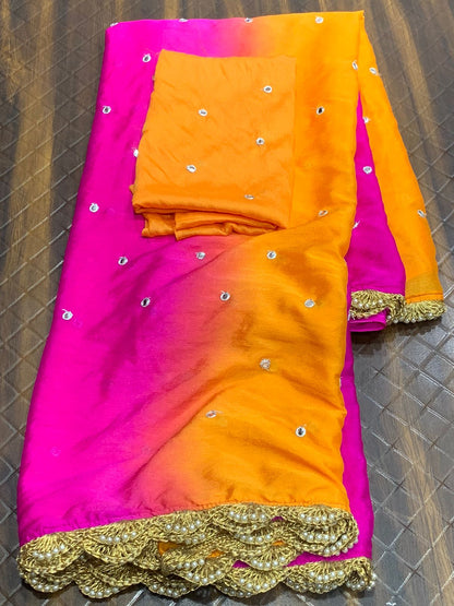 Pink and Orange Soft Chiffon Saree With Sequence Work