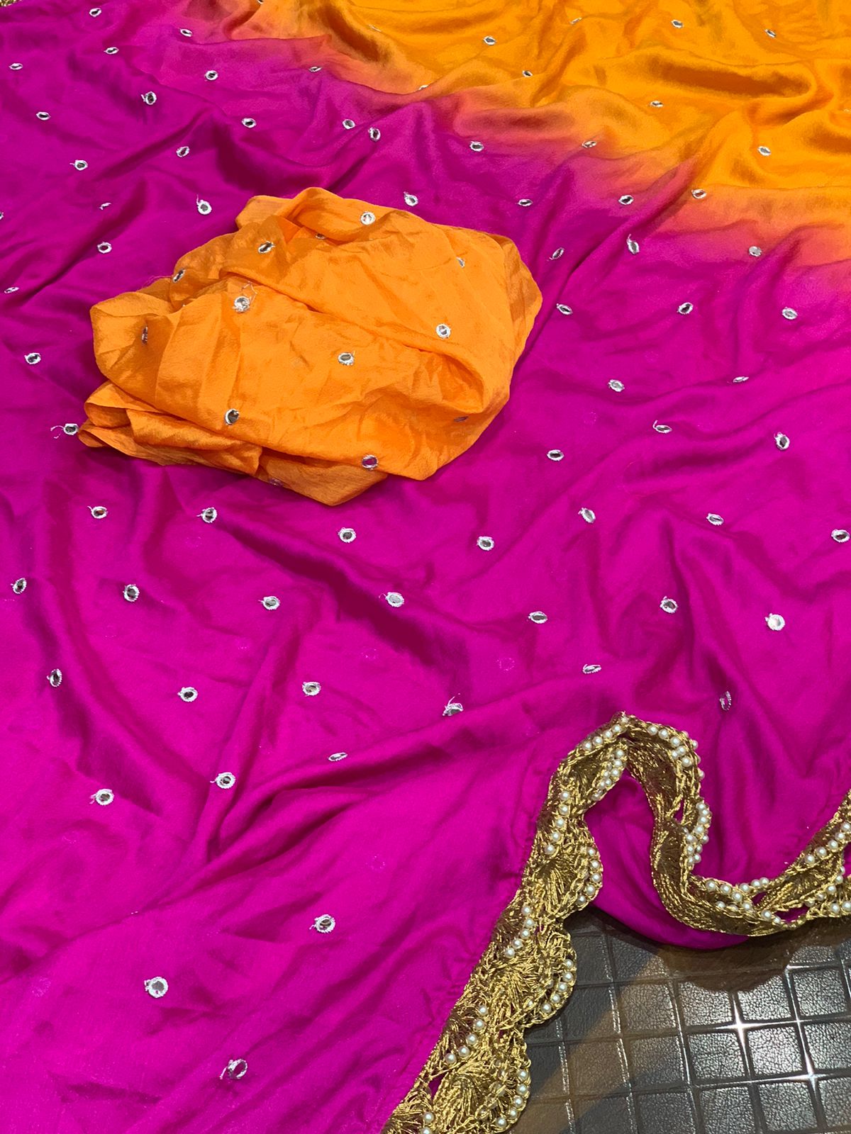 Pink and Orange Soft Chiffon Saree With Sequence Work