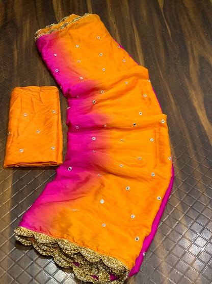 Pink and Orange Soft Chiffon Saree With Sequence Work