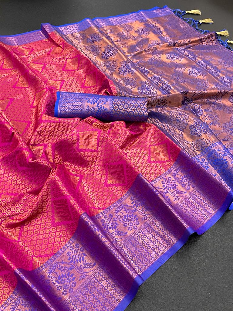 Soft Lichi Banarasi Silk Saree With Copper Zari Jacquard Weaving