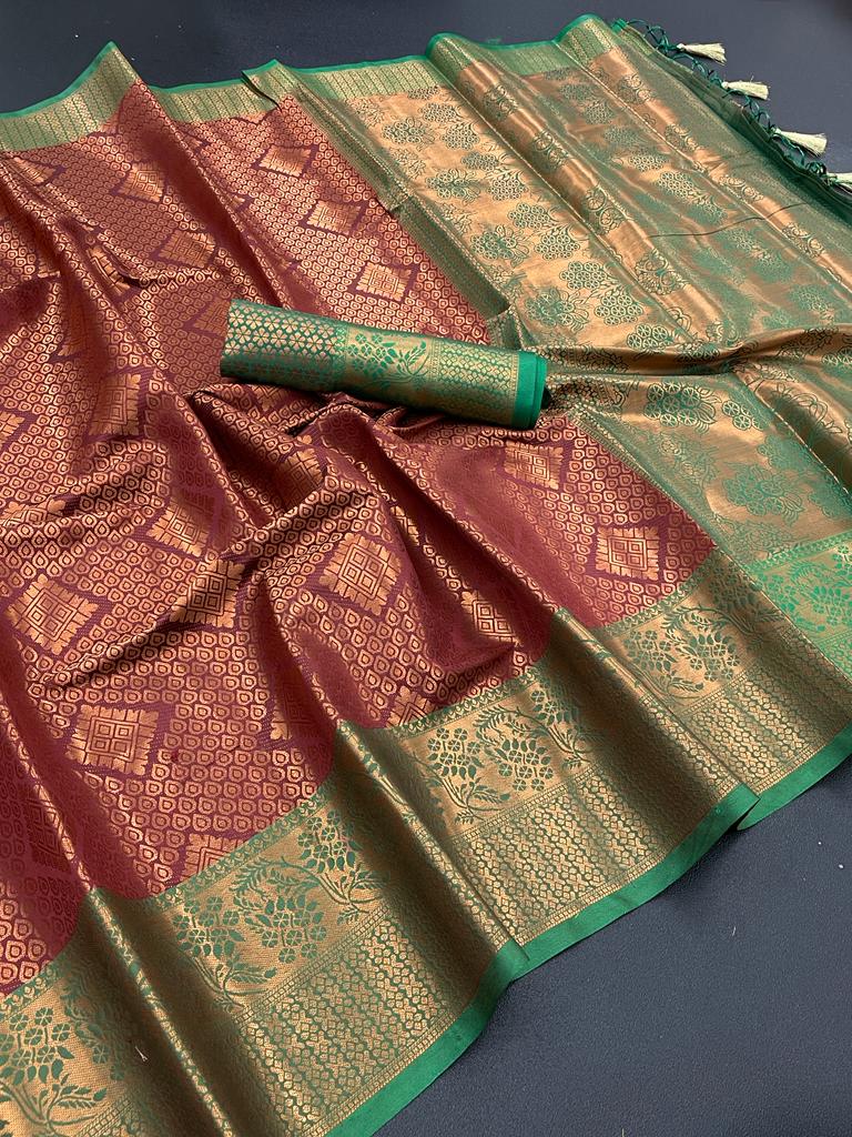 Soft Lichi Banarasi Silk Saree With Copper Zari Jacquard Weaving