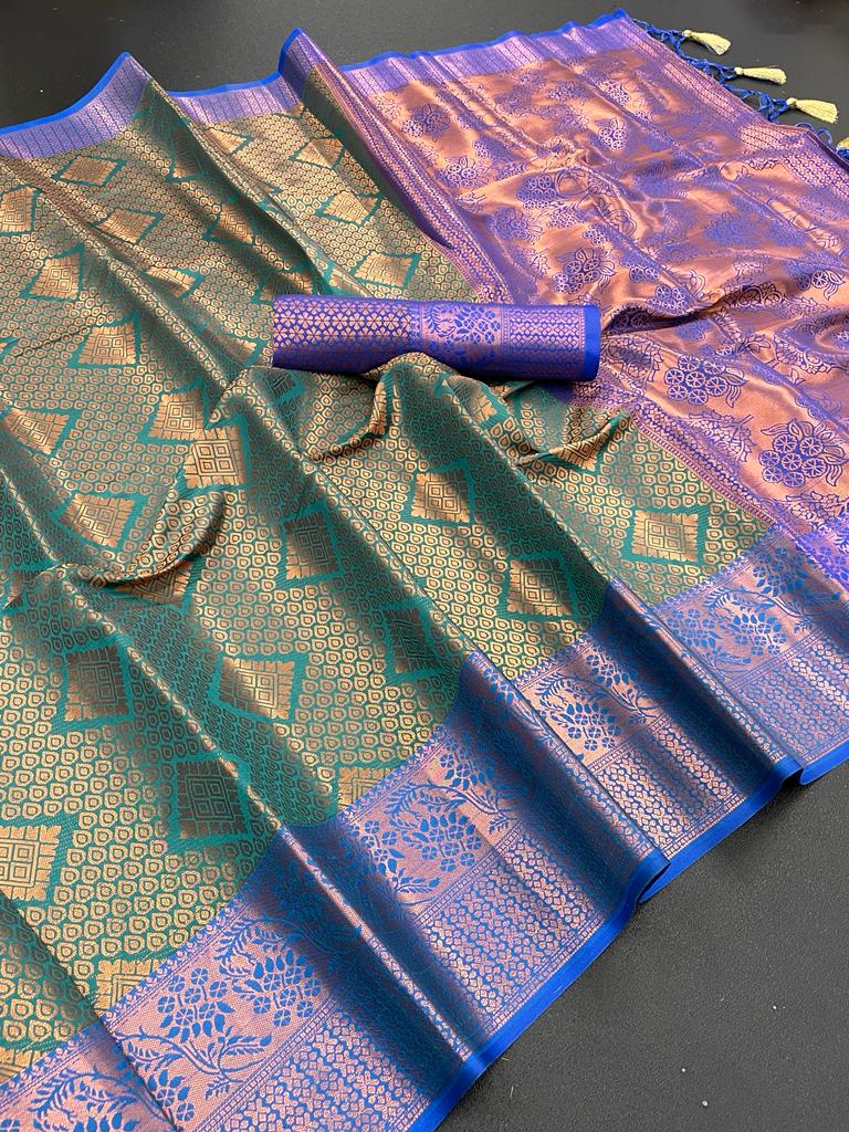 Soft Lichi Banarasi Silk Saree With Copper Zari Jacquard Weaving