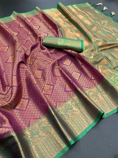 Soft Lichi Banarasi Silk Saree With Copper Zari Jacquard Weaving