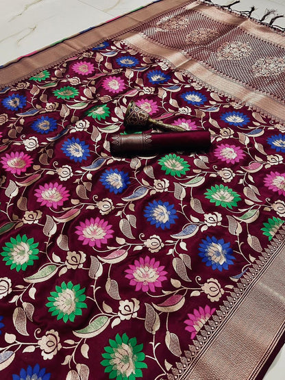 Heavy Soft Banarsi Silk Saree With Minakari Zari Weaving