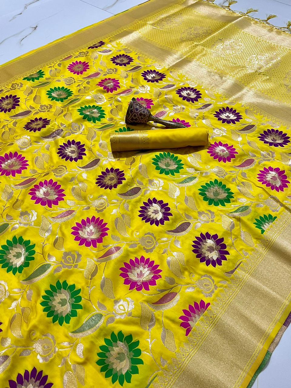 Heavy Soft Banarsi Silk Saree With Minakari Zari Weaving