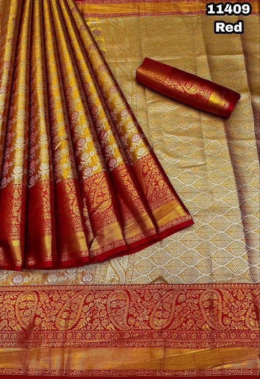 Kanjivaram Pattu Silk Saree With Golden Zari Weaving and Contrast Border