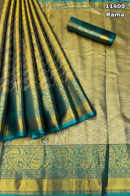 Kanjivaram Pattu Silk Saree With Golden Zari Weaving and Contrast Border