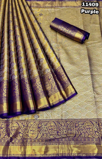 Kanjivaram Pattu Silk Saree With Golden Zari Weaving and Contrast Border