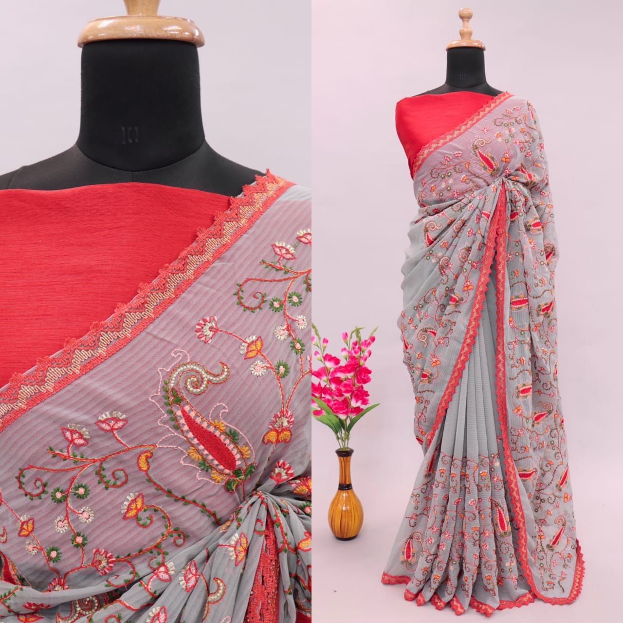 Soft Georgette Saree With Viscose Embroidery Work Of Multicolor Thread