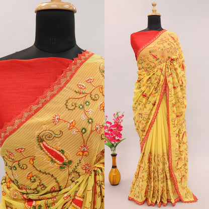 Soft Georgette Saree With Viscose Embroidery Work Of Multicolor Thread