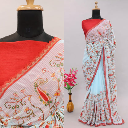 Soft Georgette Saree With Viscose Embroidery Work Of Multicolor Thread