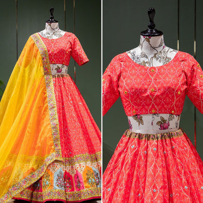 Silk Printed Lehenga Choli With Beautiful Net Dupatta and Mirror Work