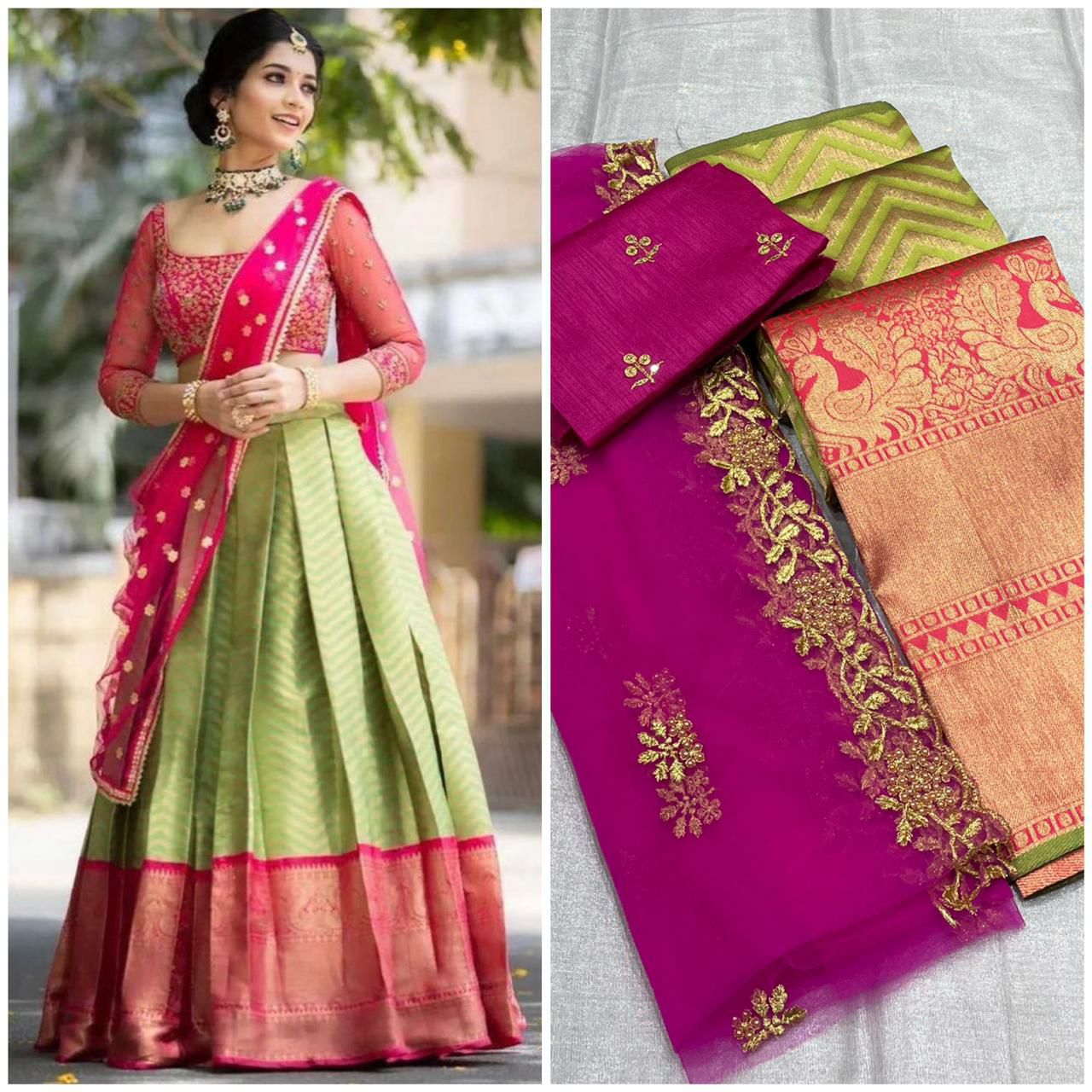 Kanjivaram Silk Lehnga Fabric With Netted Duppatta