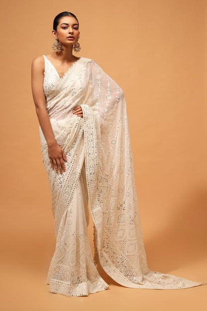 Soft Refined Georgete Silk Saree With Lucknowi Thread Chikankari Work