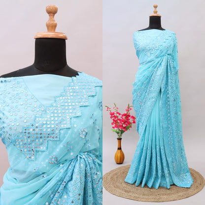 Soft Refined Georgete Silk Saree With Lucknowi Thread Chikankari Work