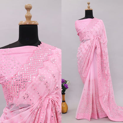 Soft Refined Georgete Silk Saree With Lucknowi Thread Chikankari Work