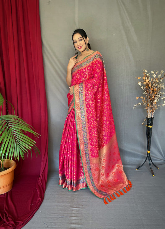 Patola Silk Saree With Contrast Meenakari Work