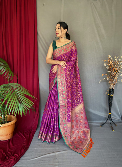 Patola Silk Saree With Contrast Meenakari Work