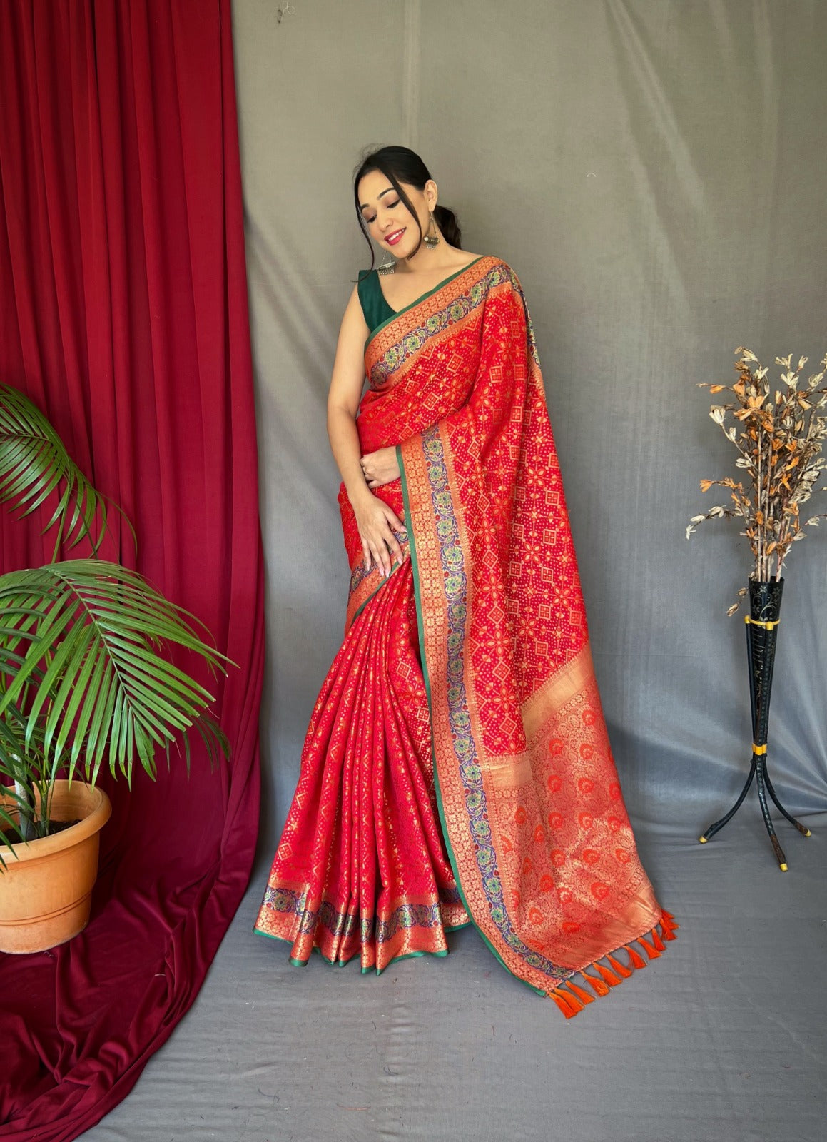 Patola Silk Saree With Contrast Meenakari Work