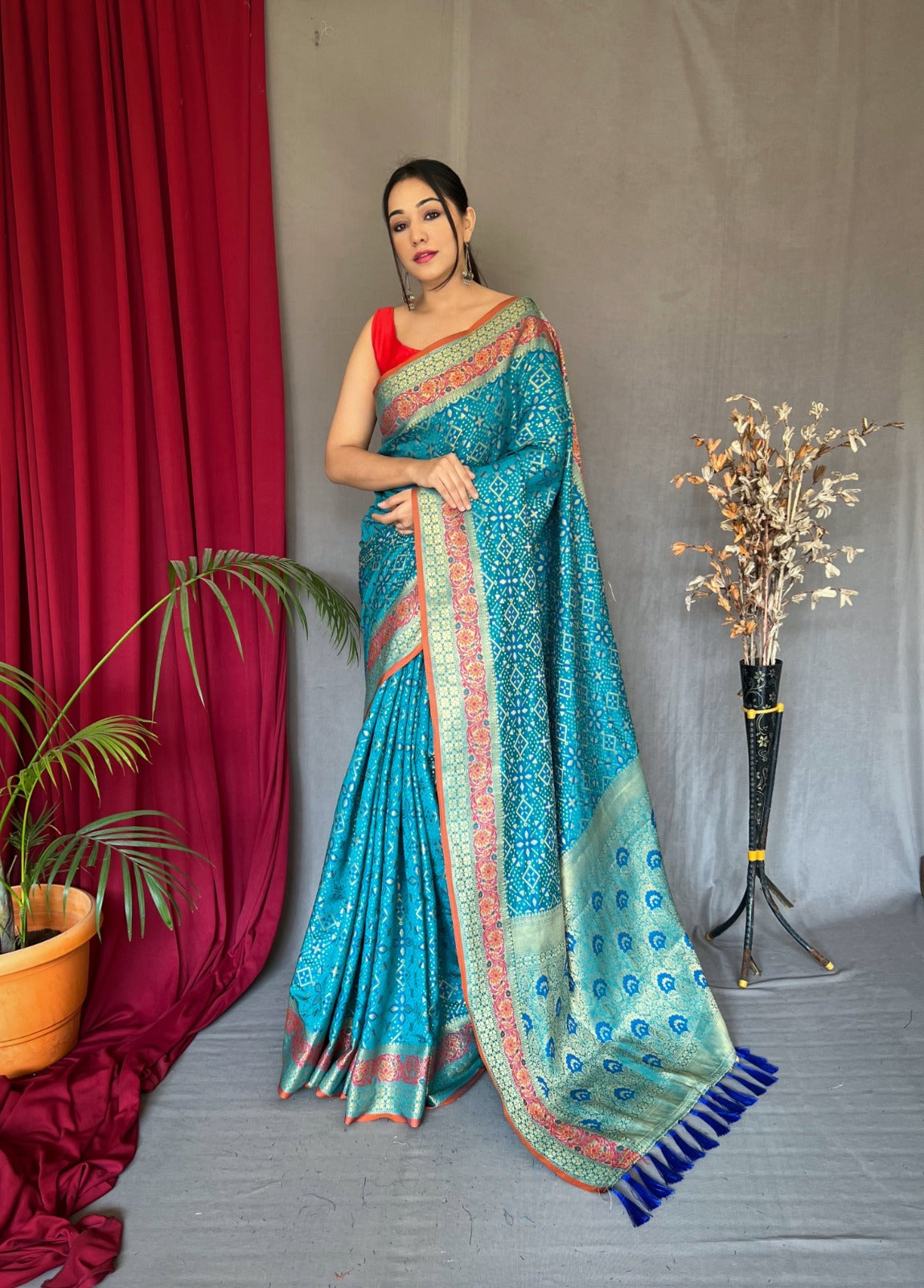 Patola Silk Saree With Contrast Meenakari Work